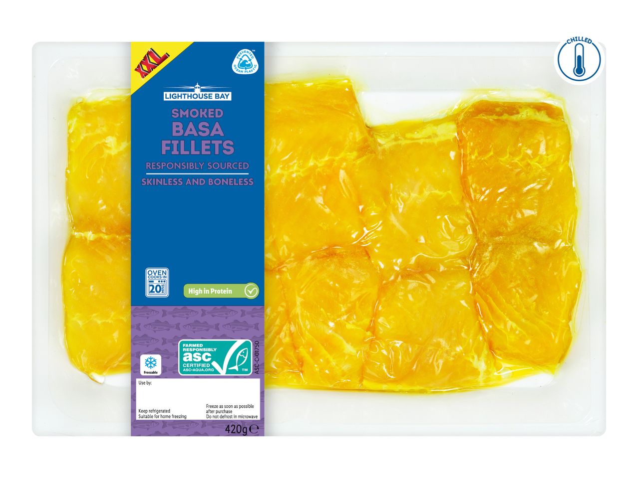Pack of XXL smoked basa fillets, skinless and boneless, responsibly sourced, 420g.