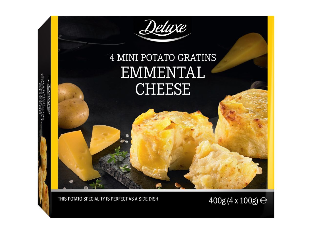 Neljä miniperunagratiinia emmentaljuustolla, perunoita ja juustopaloja mustalla alustalla.