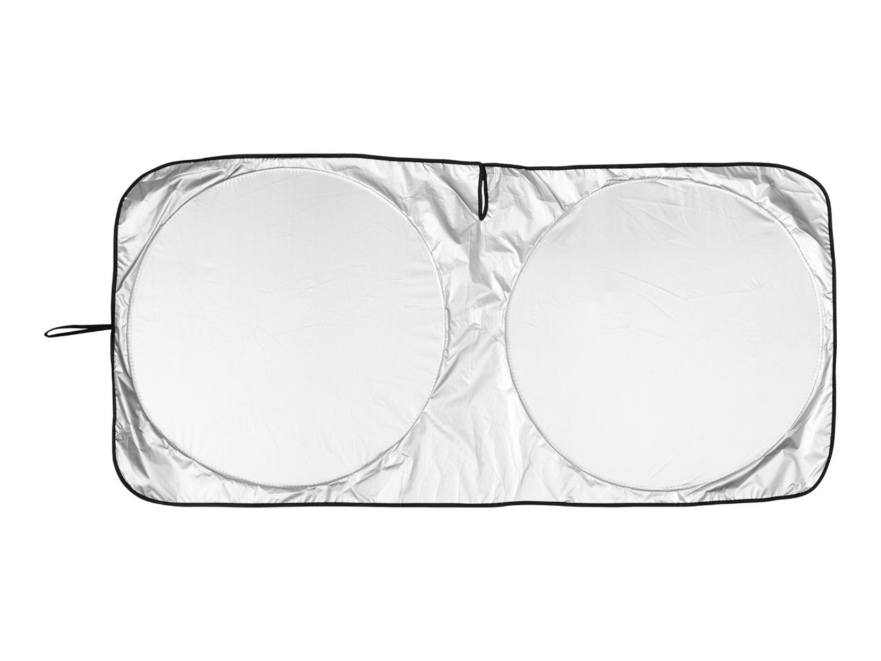 Silver car sunshade with two circular panels, isolated on a white background.