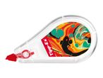 Correction tape dispenser with a colorful, abstract design on the side.