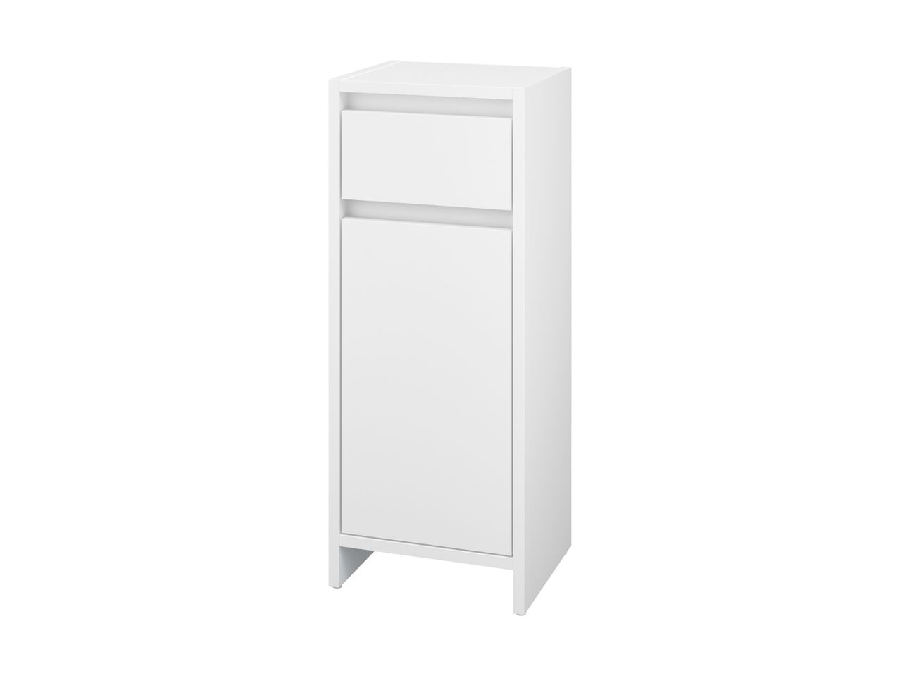 White tall cabinet with one drawer and one door, on a white background.