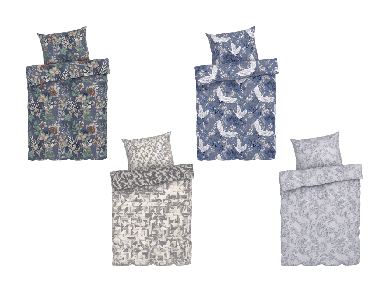 Vier Bettwäschesets mit verschiedenen Mustern: Blumen, Vögel, geometrisch und Paisley.