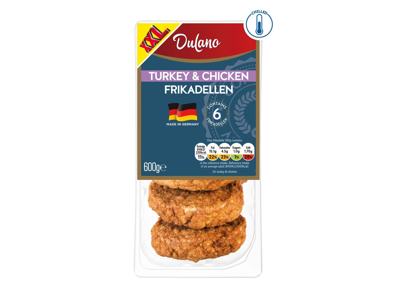 Dulano XXL Turkey & Chicken Frikadellen (6 pieces, 600g), made in Germany.