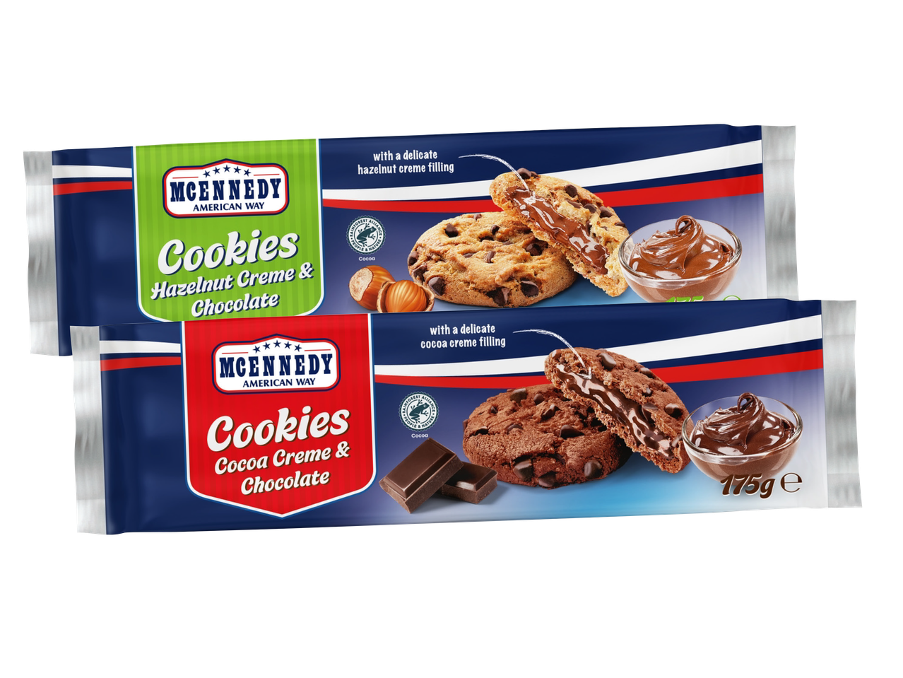 McEnnedy American Way Cookies: Hazelnut Creme & Chocolate and Cocoa Creme & Chocolate.