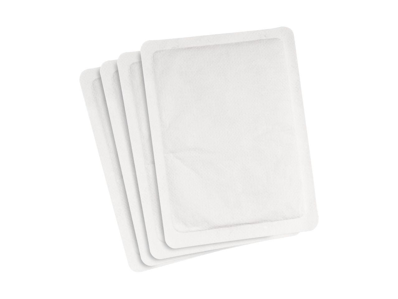 Four white self-adhesive heat patches fanned out on a white background