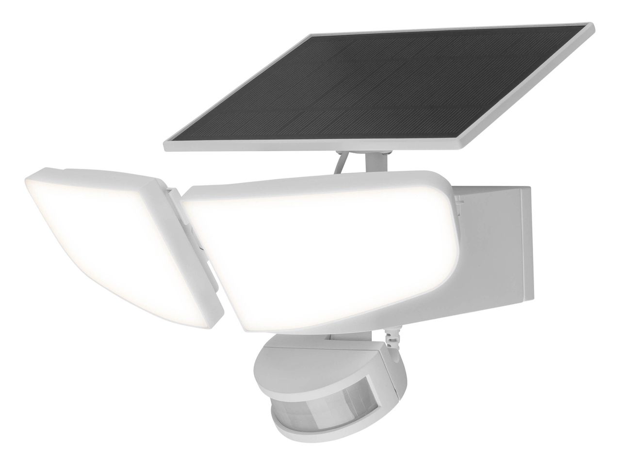 White solar-powered light with two adjustable LED heads and a motion sensor.