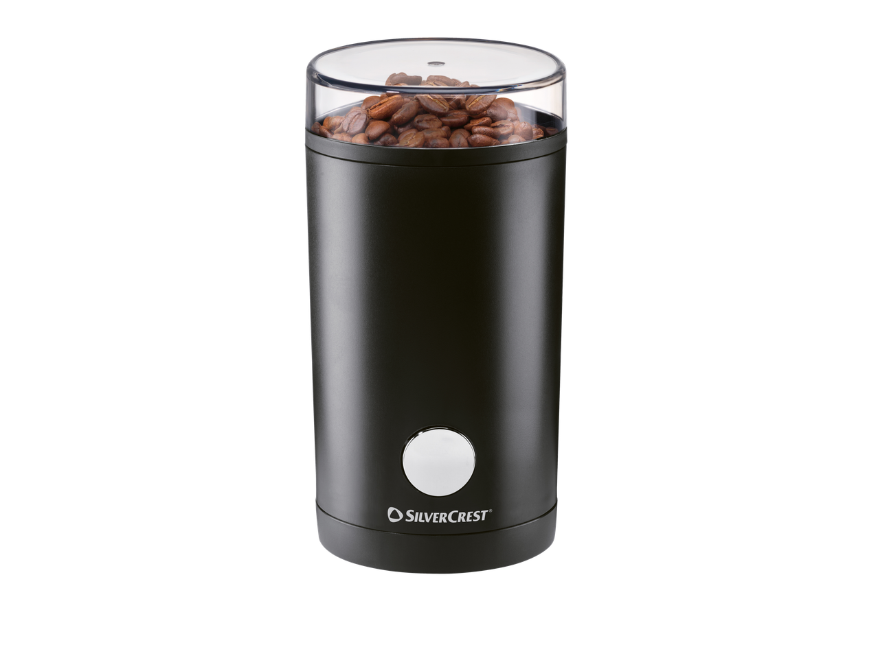 SILVERCREST® kavos malūnėlis su permatomu dangteliu, pilnu kavos pupelių.