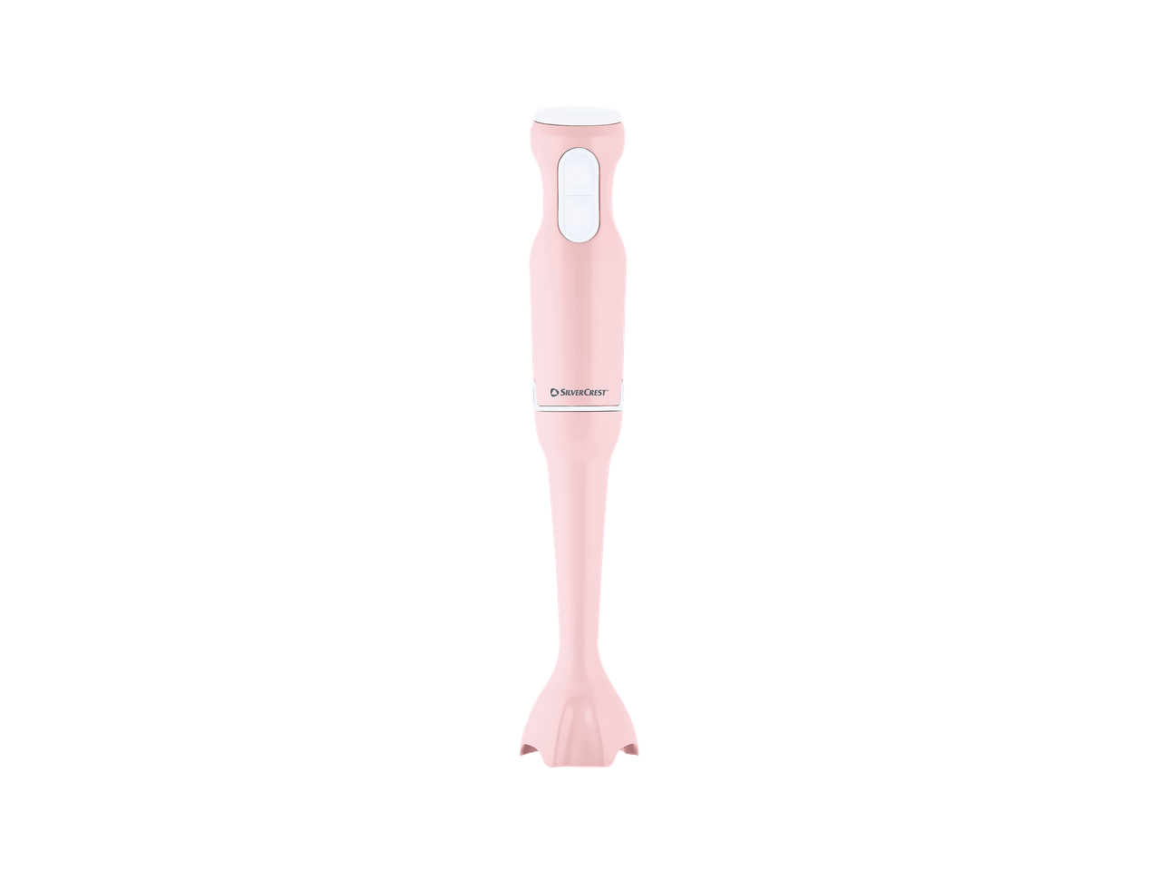 Mixeur plongeant rose avec des boutons blancs.