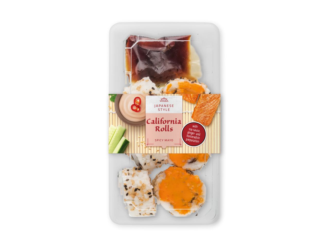 Californiske ruller med krydret mayo, sojasauce, ingefær og peberrod.