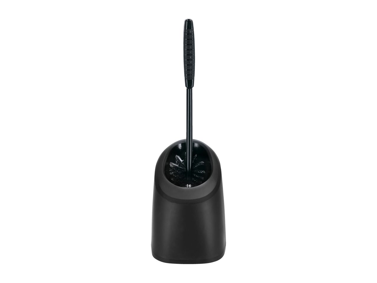 Black toilet brush with a matching holder on a white background.