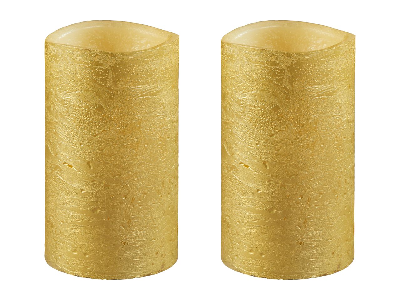 Two gold LED pillar candles with a textured finish