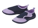 Pair of black and purple children's water shoes with textured soles.