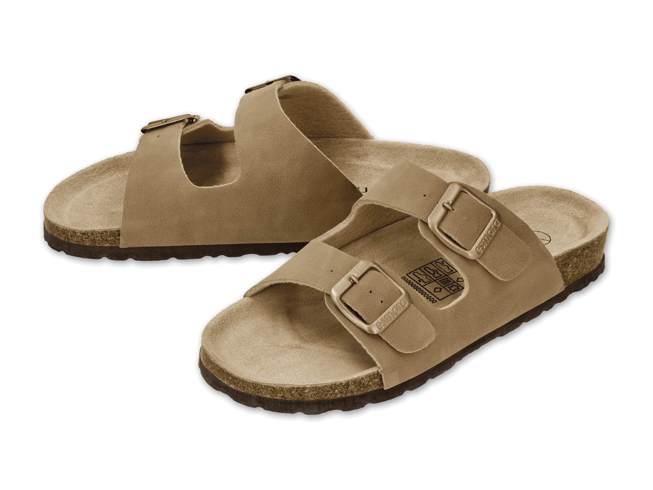 Zwei beigefarbene Sandalen mit zwei Riemen und Schnallen, auf schwarzem Hintergrund.