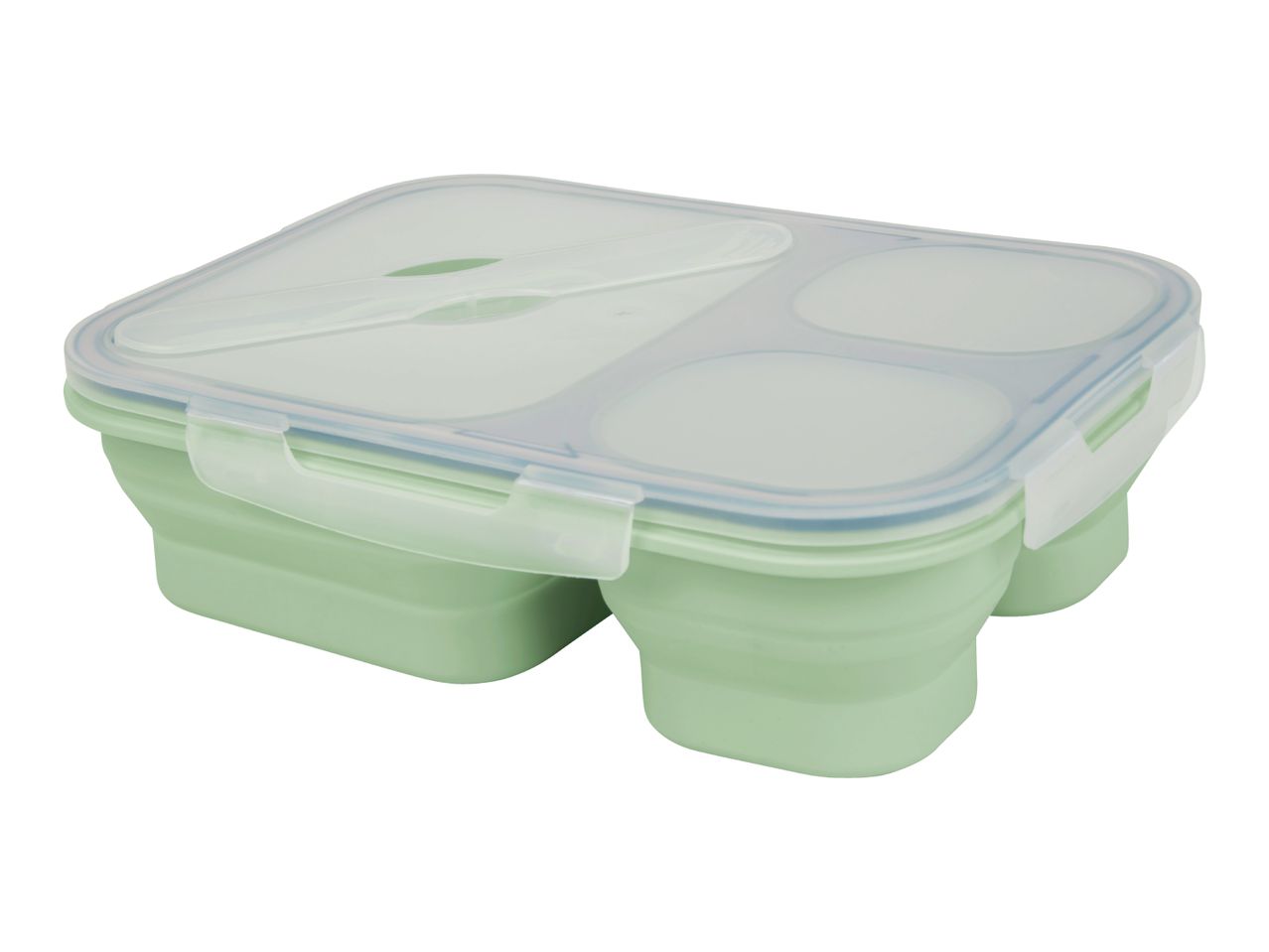 Green collapsible lunch box with a clear lid and three compartments.