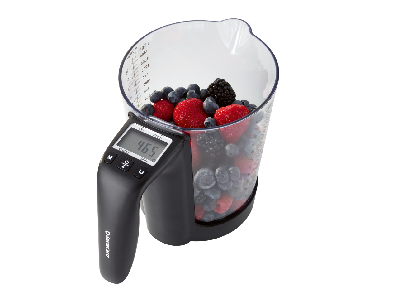 SILVERCREST mõõtekann kaalu ja värskete marjadega, ekraanil kuvatakse 46,5.