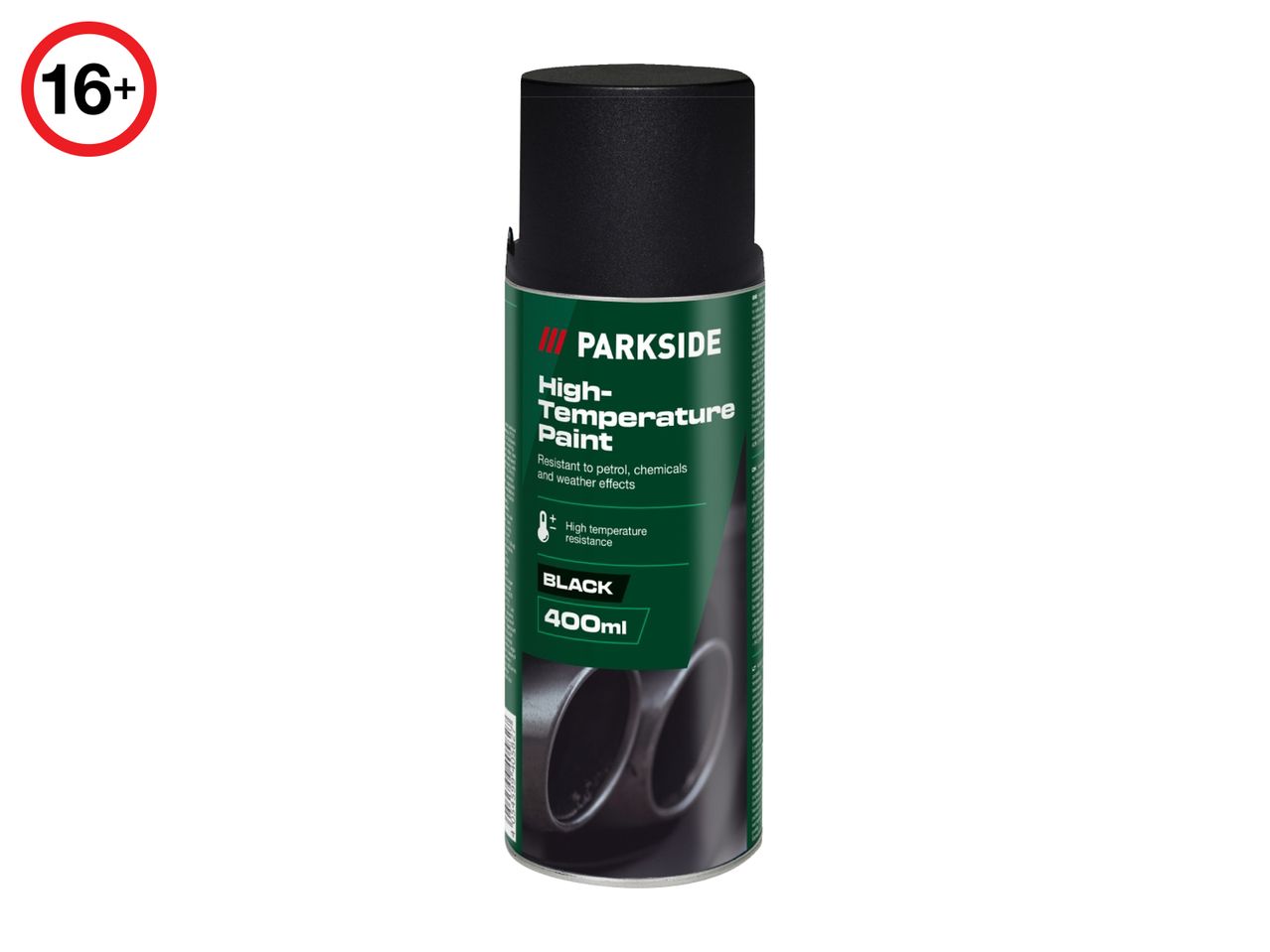 Black high-temperature spray paint, 400ml, resistant to petrol, chemicals, and weather effects, with a 16+ age rating.