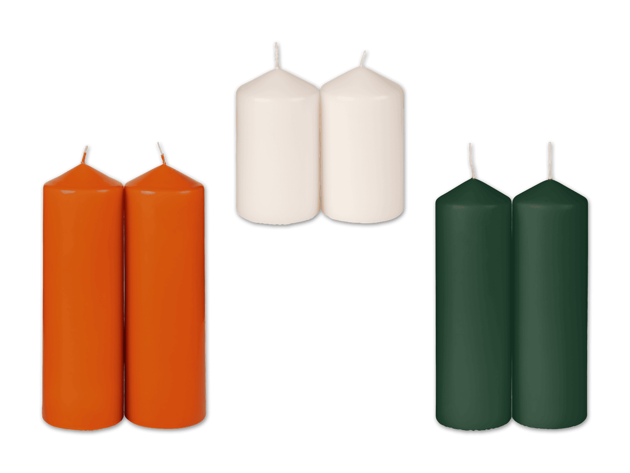 Drei Paare von Kerzen in Orange, Weiß und Dunkelgrün.