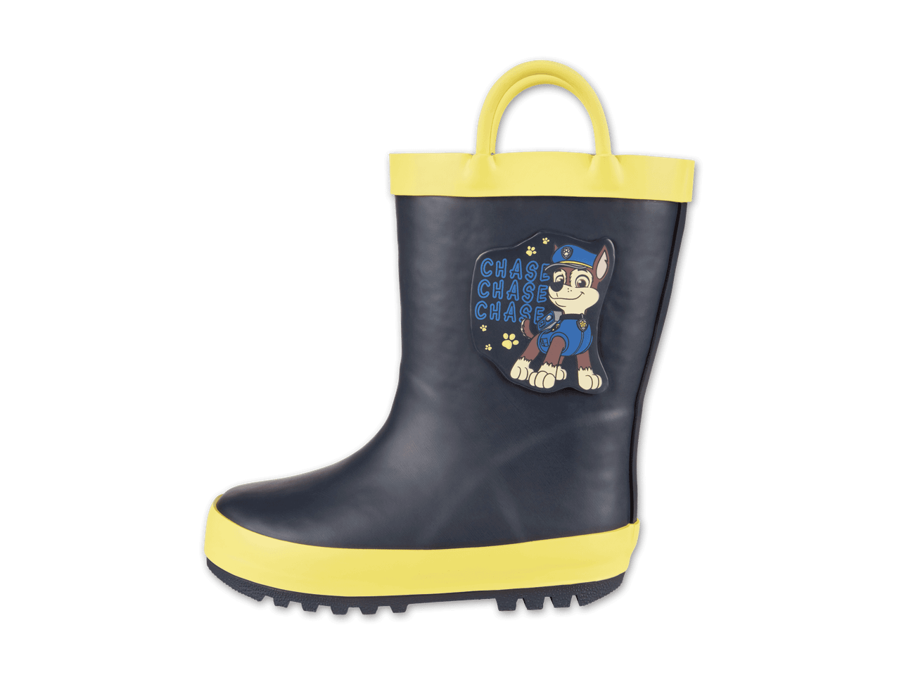 Ein dunkelblauer Kindergummistiefel mit gelber Sohle und einem Aufdruck von Chase aus Paw Patrol.