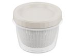 White plastic food storage container with a beige lid