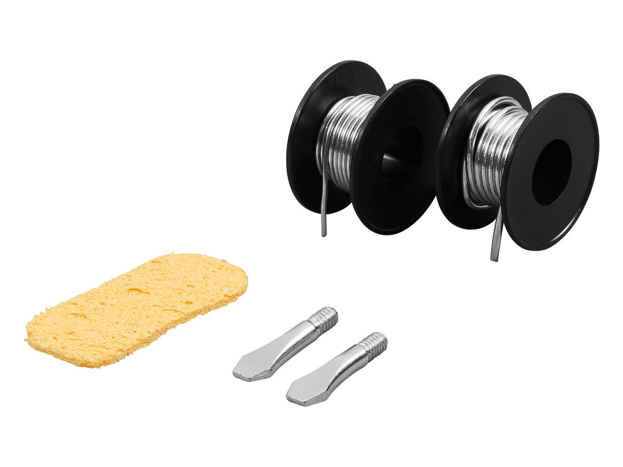Two spools of solder wire, a yellow sponge, and two soldering iron tips.