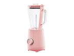 Pink blender with a glass jug and a control knob on a white background.