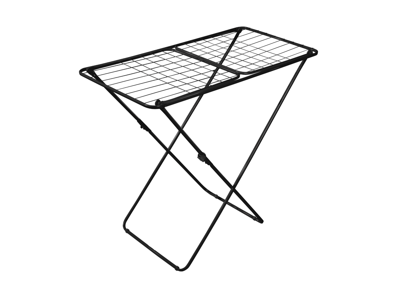 Sort tørrestativ med foldbare ben og gitteroverflade til tøj.