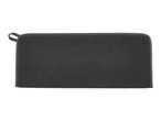 A dark gray microfiber cleaning cloth with a hanging loop.