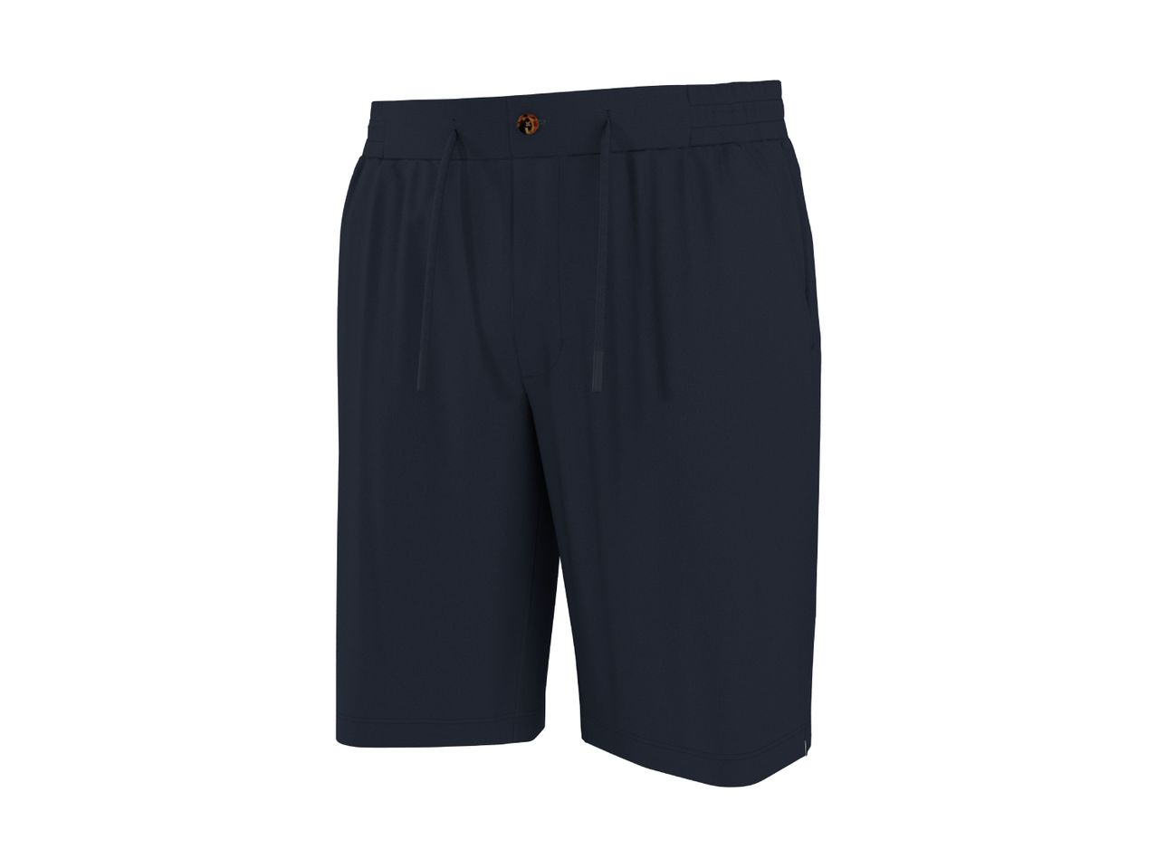 Dark blue men's shorts with a drawstring waist and a single button closure.