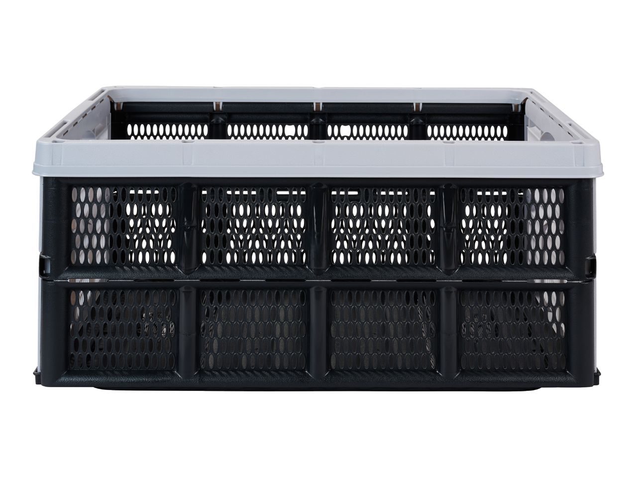 Black and white foldable plastic crate for storage and transport.