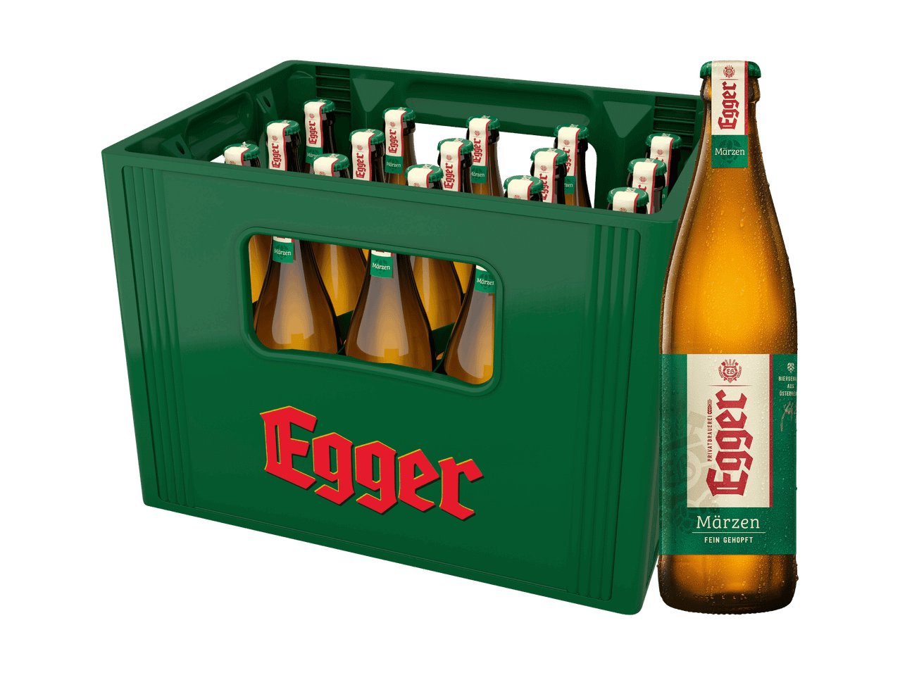 Eine grüne Kiste mit Egger Märzen Bierflaschen, eine Flasche steht daneben.