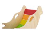 Wooden children's rocker with colorful steps in red, orange, yellow, and green.