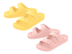 Dva para žutih i ružičastih sandala s dvije kopče.