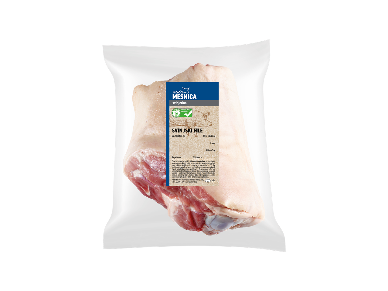 Pakirano svinjsko meso s etiketom 'Naša Mesnica' i informacijama o proizvodu.