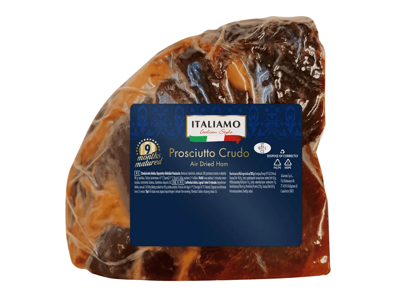 Italiamo Prosciutto Crudo ilmakuivattu kinkku, kypsytetty 9 kuukautta, pakattuna.