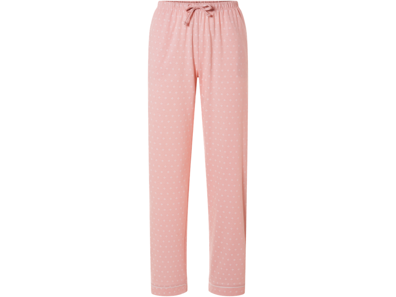 Pink pajama pants with a small white pattern and an elastic waistband.