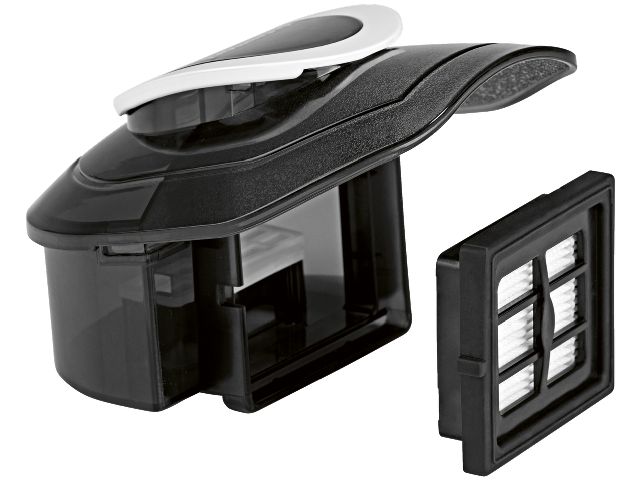 Черен контейнер за прах на прахосмукачка с подвижен филтър.