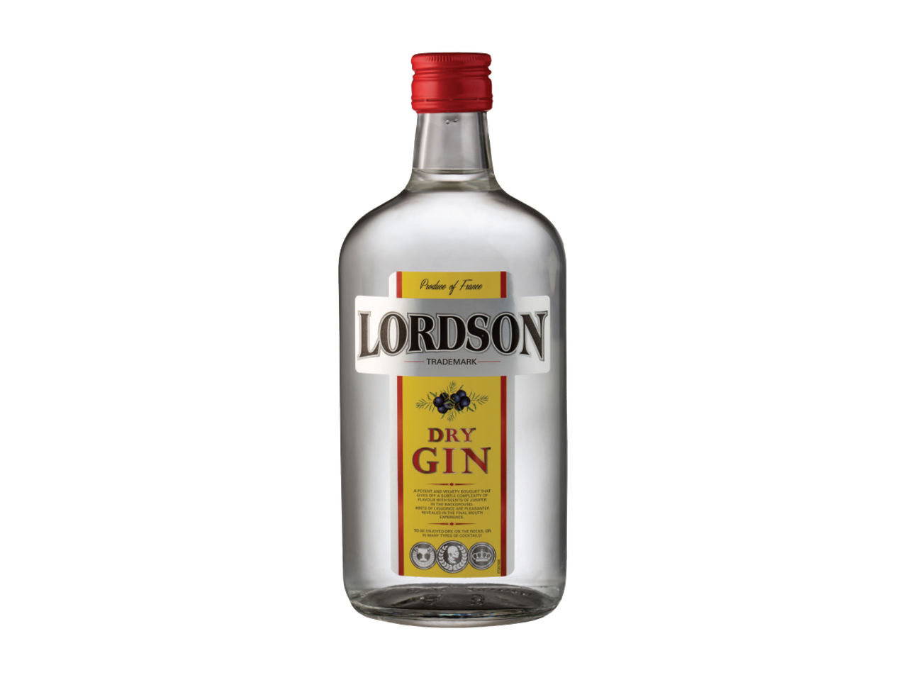 Boca suvog džina sa crvenim čepom i žutom etiketom.