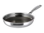 Stainless steel frying pan with a honeycomb-patterned non-stick interior.