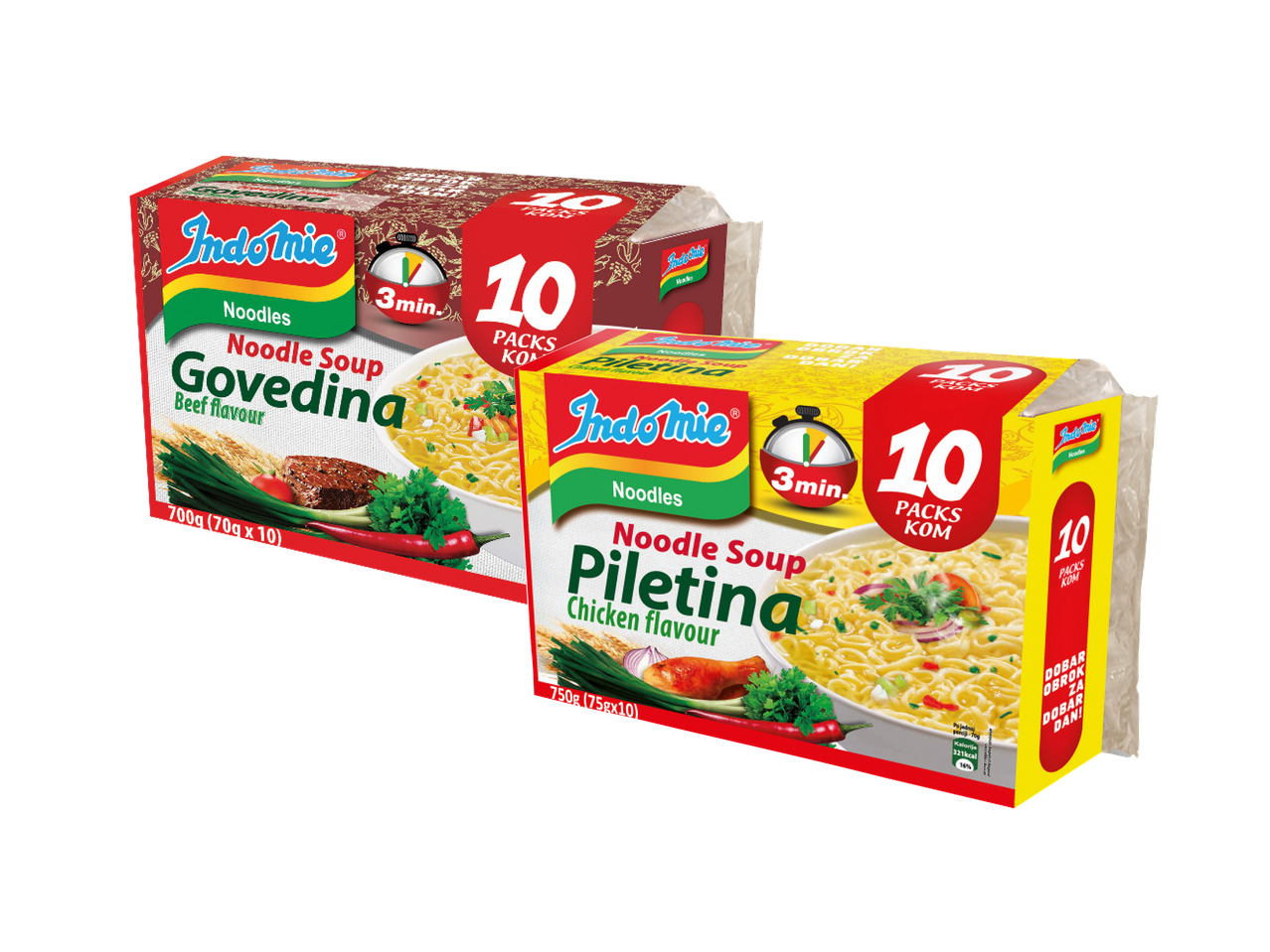 Dva pakovanja instant nudli sa ukusom govedine i piletine, svako sa 10 porcija.