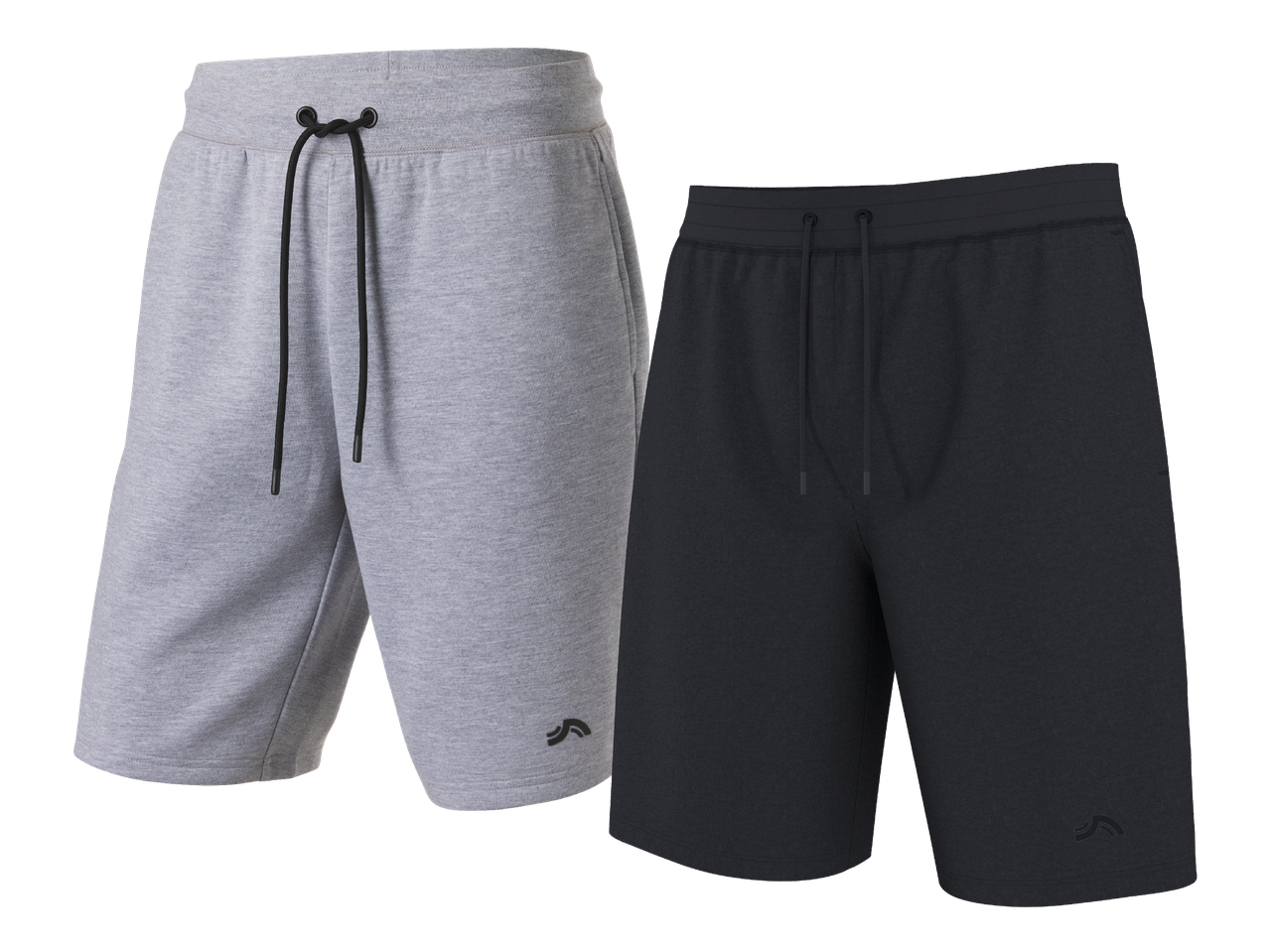 Dvoje muških kratkih hlača za slobodno vrijeme, jedne sive i jedne tamnosive, s vezicama.