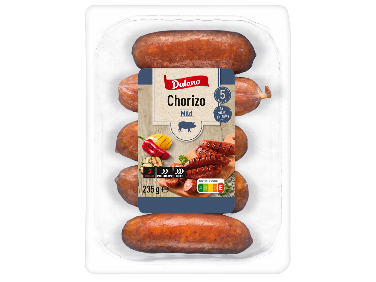 Опаковка от 5 броя меки чоризо колбаси за грил и пържене, 235 г, с Nutri-Score B.