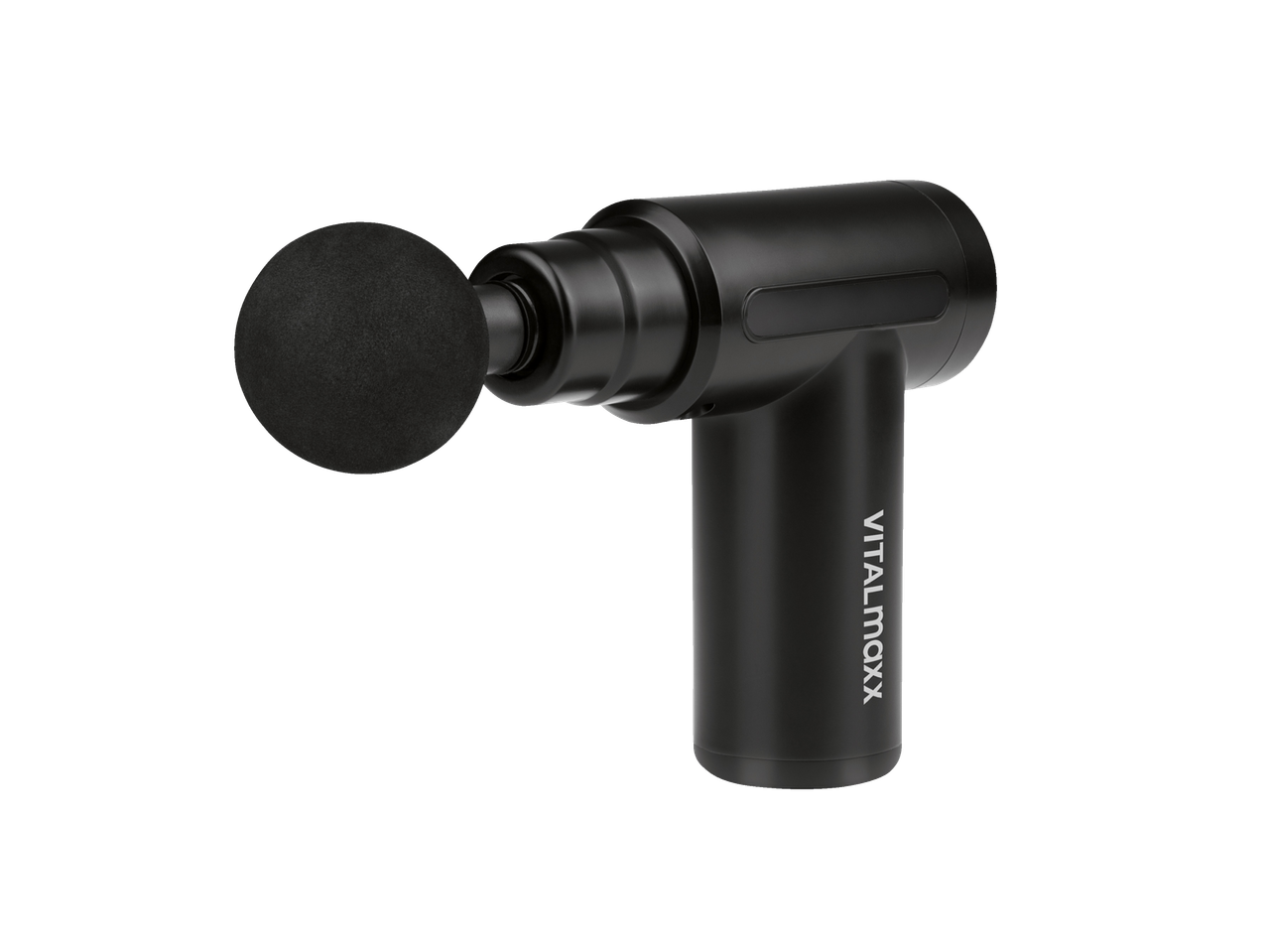Black VITALmaxx massage gun with a spherical head, on a black background.