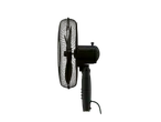 Black pedestal fan, side profile view.