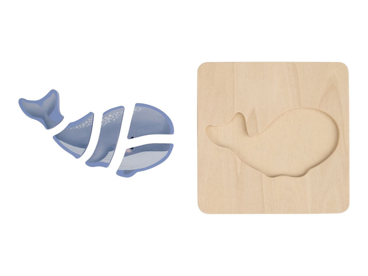Whale-shaped wooden puzzle with four blue pieces and a wooden board with a whale cutout.