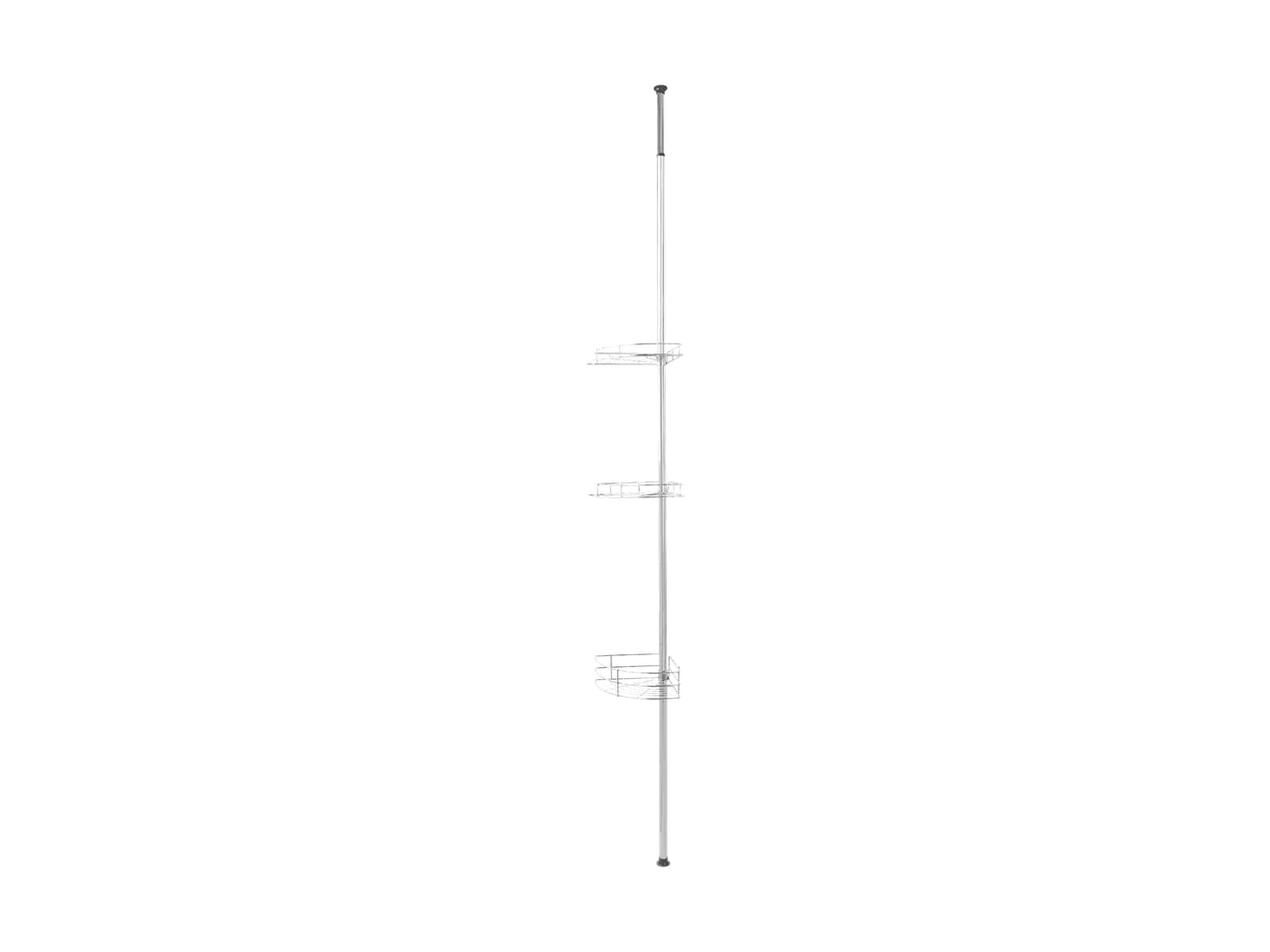 Étagère d'angle télescopique de douche avec trois paniers de rangement en métal.
