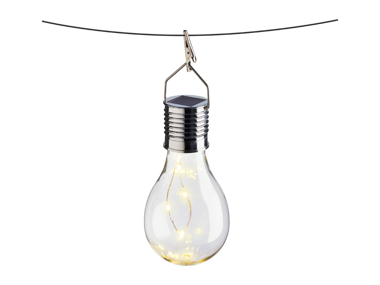Solar-powered light bulb with fairy lights, hanging from a black wire with a clip.
