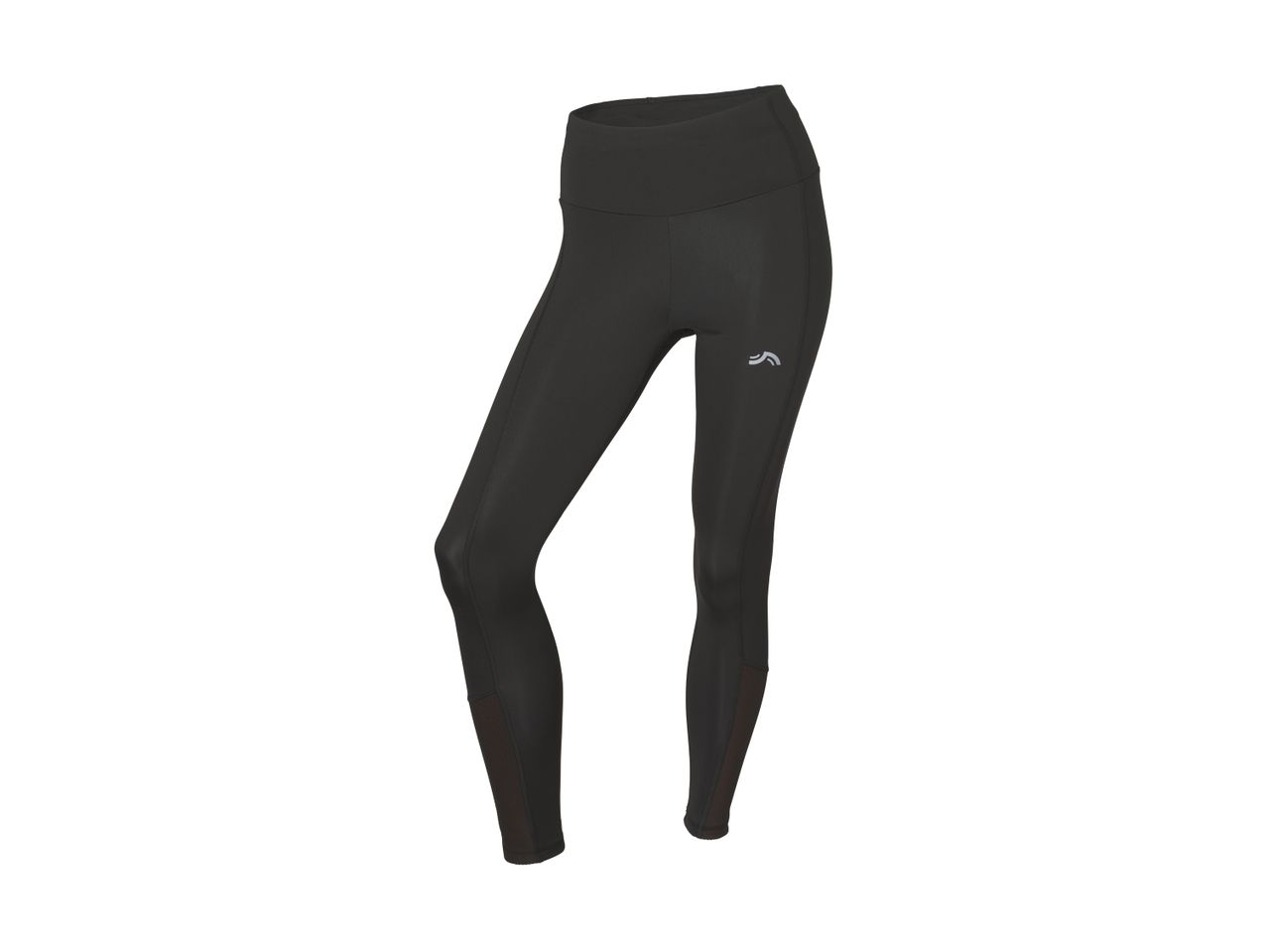 Black women's sports leggings with a reflective logo on the left thigh.