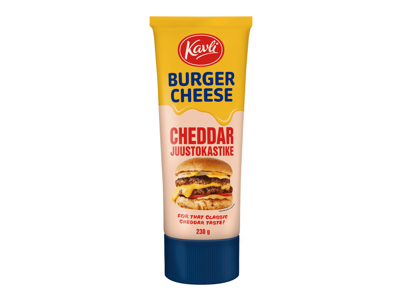 Kavli Burger Cheese -cheddarkastike tuubi, 230 g, jossa kuva hampurilaisesta.