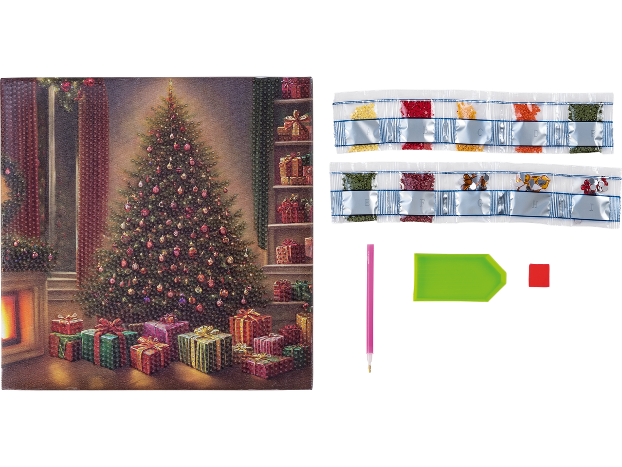 Dimanta gleznošanas komplekts ar Ziemassvētku eglīti, dāvanām un instrumentiem.