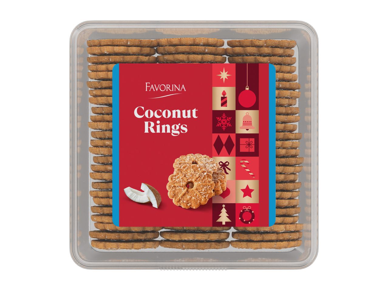 A package of coconut ring cookies with festive holiday designs on the label.